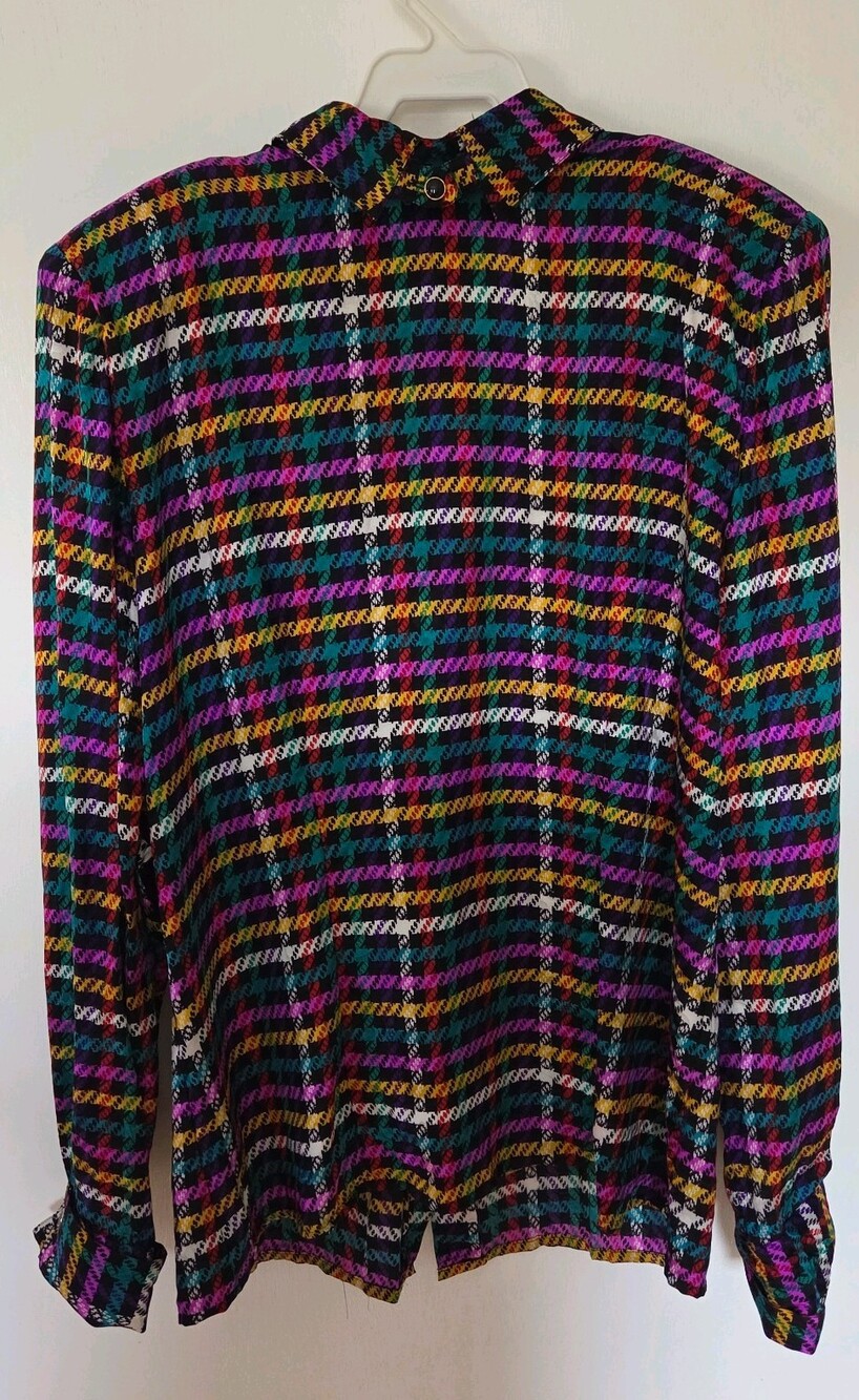 Vtg JERRI SHERMAN  100% silk secretary blouse shirt 10 plaid hi-low back button